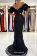 Black Sequined Tulle Off The Shoulder Sheath Side Slit Formal Dresses, CP0845