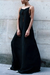 Black Spaghetti Straps Satin Column Blackless Long Prom Dress