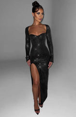 Backless Premium sparkle mesh fabric sleeves that flare gently at sleeve Front fork long Prom Dress