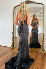 Wholesale Luxurious Sparkly Mermaid Spaghetti Strap Long Black Beaded Prom Dress prom clothing