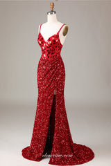 Black Sparkly Rhinestone Sequin Spagehtti Strap V-neck Sheath Slit Prom Dresses, CP1081