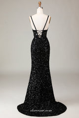 Dark Green Sparkly Rhinestone Sequin Spagehtti Strap V-neck Sheath Slit Prom Dresses, CP1082