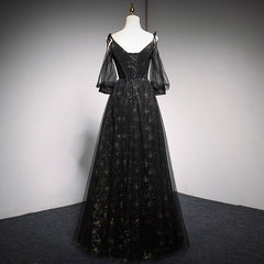 Black Straps Tulle Long Party Dress with Sleeves Evening Dress, Black A-line Prom Dress Party Dresses