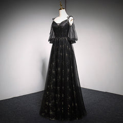 Black Straps Tulle Long Party Dress with Sleeves Evening Dress, Black A-line Prom Dress Party Dresses