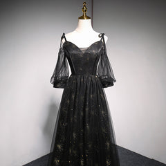 Black Straps Tulle Long Party Dress with Sleeves Evening Dress, Black A-line Prom Dress Party Dresses