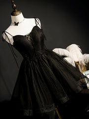 Black Straps Tulle Short Homecoming Dress Prom Dress, Little Black Party Dresses