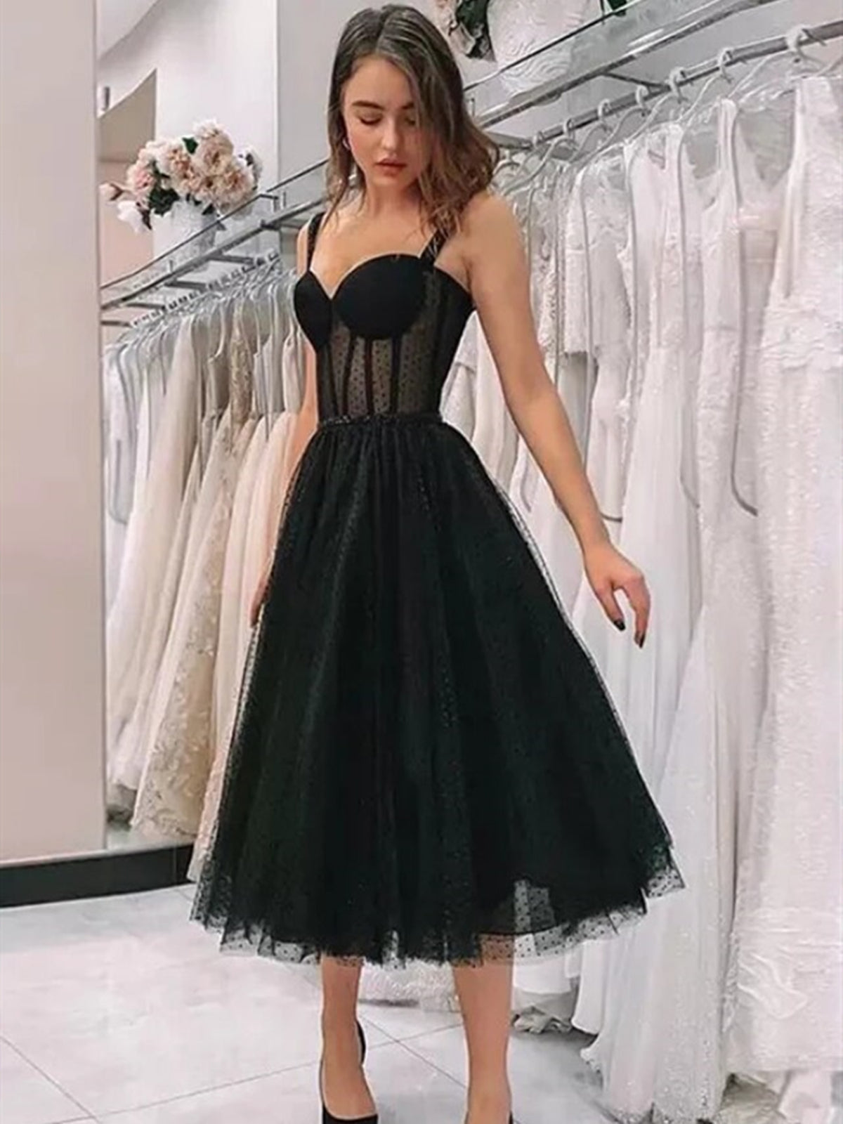 Black Tea Length Sweetheart Neck Prom Dresses, Black Tea Length Formal Homecoming Dresses