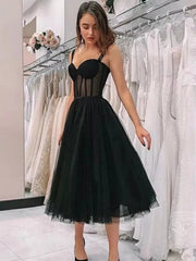 Black Tea Length Sweetheart Neck Prom Dresses, Black Tea Length Formal Homecoming Dresses