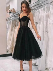 Black Tea Length Sweetheart Neck Prom Dresses, Black Tea Length Formal Homecoming Dresses