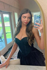 Black Tiered A-Line Sweetheart Long Corset Prom Dress
