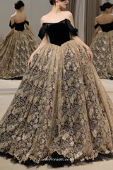 Black Top Gold Lace Ball Gown Stunning Wedding Gown, CW0326