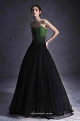 Black Tulle Green Beading Top Strapless Ball Gown Formal Prom Dresses, CP1073