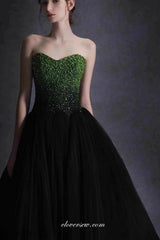 Black Tulle Green Beading Top Strapless Ball Gown Formal Prom Dresses, CP1073