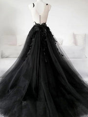 Black Tulle Lace Long Prom Dresses, Black Tulle Lace Formal Evening Dresses