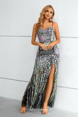 Black Tulle Laser Sequined Lace Spaghetti Strap Side Slit Evening Dresses, CP0912