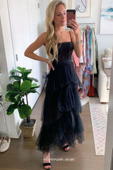 Black Tulle Spaghetti Strap Tiered Fashion Party Dresses, CP0828