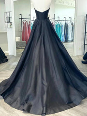 Black V Neck Satin Prom Dresses, Black V Neck Long Formal Graduation Dresses