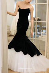 Black Velvet Pleating Tulle Mermaid Strapless Charming Formal Dresses, CP1071