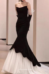 Black Velvet Pleating Tulle Mermaid Strapless Charming Formal Dresses, CP1071