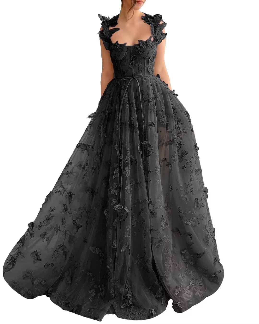 Long Tulle Prom Dress with 3D Butterflies Floor Length Formal Evening Party Gowns for Women Lace Applique