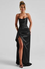 Black Spaghetti Strap Floor Length Front Split Prom Dress