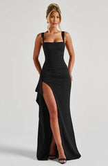 Black Shoulder Strap Style Ruffled Front Slit Long Ball Gown