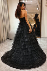 Sparkly Black A Line Long Corset Tiered Tulle Prom Dress With Slit Off Shoulder