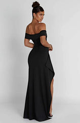 Sexy Black A-Line Off the Shoulder Long Front Split Formal Prom Dress