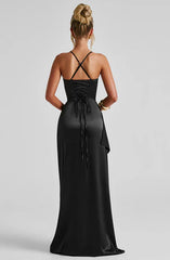 Black Spaghetti Strap Floor Length Front Split Prom Dress