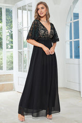 Black A Line V Neck Floor Length Chiffon Embroidered Mother of the Bride Dress