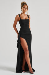 Black Shoulder Strap Style Long Front Slit With Lace Formal Prom Dress
