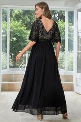 Black A Line V Neck Floor Length Chiffon Embroidered Mother of the Bride Dress