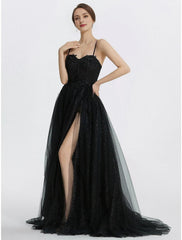 A-Line Prom Dresses Glittering Dress Floor Length Sleeveless Sweetheart Tulle with Appliques