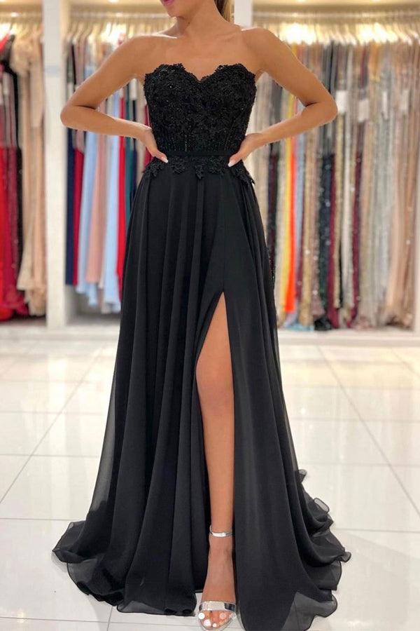 Black Sweetheart A-line Chiffon Lace Long Prom Dress Formal Dress TP1037
