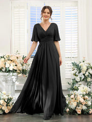 A-Line V Neck Sleeve Long Chiffon Formal Party Dresses for Wedding Guest Bridesmaid Dress