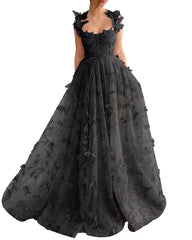 Long Tulle Prom Dress with 3D Butterflies Floor Length Formal Evening Party Gowns for Women Lace Applique