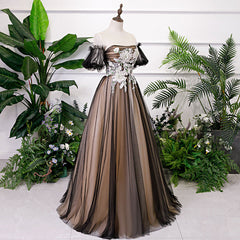 Black and Champagne Short Sleeves Tulle with Lace Party Dress, A-line Floor Length Prom Dress