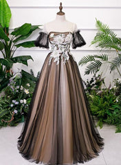 Black and Champagne Short Sleeves Tulle with Lace Party Dress, A-line Floor Length Prom Dress