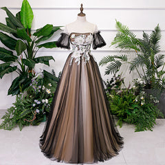 Black and Champagne Short Sleeves Tulle with Lace Party Dress, A-line Floor Length Prom Dress