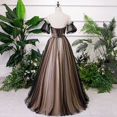 Black and Champagne Short Sleeves Tulle with Lace Party Dress, A-line Floor Length Prom Dress