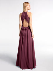 Keyhole Neckline Open Back Chiffon Max Long Dress Mulberry
