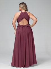 Keyhole Neckline Open Back Chiffon Max Long Dress Mulberry