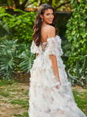 Floral Boho Off Shoulder Ruffle Skirt Tulle Gown Ivory