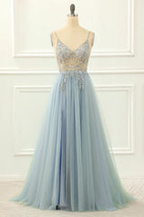 A-line Spaghetti Straps Long Prom Dress with Beading V-neck
