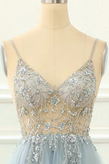 A-line Spaghetti Straps Long Prom Dress with Beading V-neck