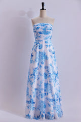 Blue Floral Print Strapless Prom Dress Long Formal Evening Dresses