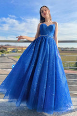 Blue A-Line Tulle Long Prom Dress Sparkly Formal Evening Dresses TP1193