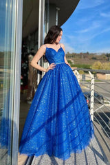 Blue A-Line Tulle Long Prom Dress Sparkly Formal Evening Dresses TP1193