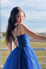 Blue A-Line Tulle Long Prom Dress Sparkly Formal Evening Dresses TP1193