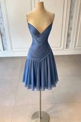 Blue A-Line V-Neck Pleated Sleeveless Short Homecoming Dress with Beads